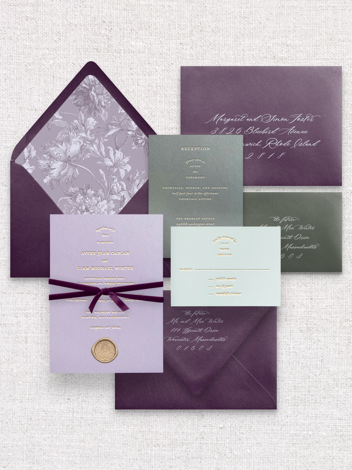 Intaglio Invitation Suite | Purple & Sage | Foil
